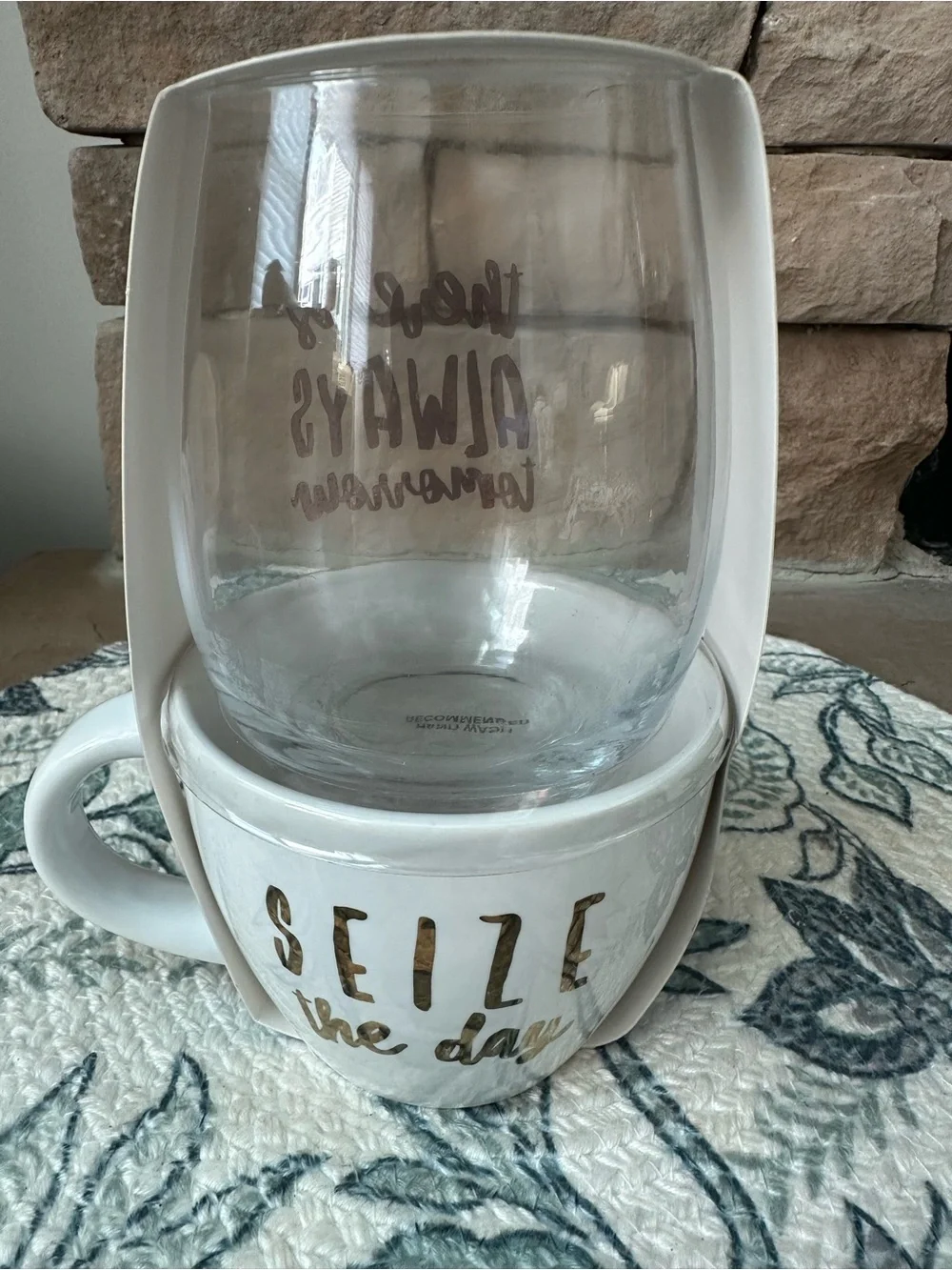 White Ceramic Mug & Glass Set with Gold Lettering - NWT